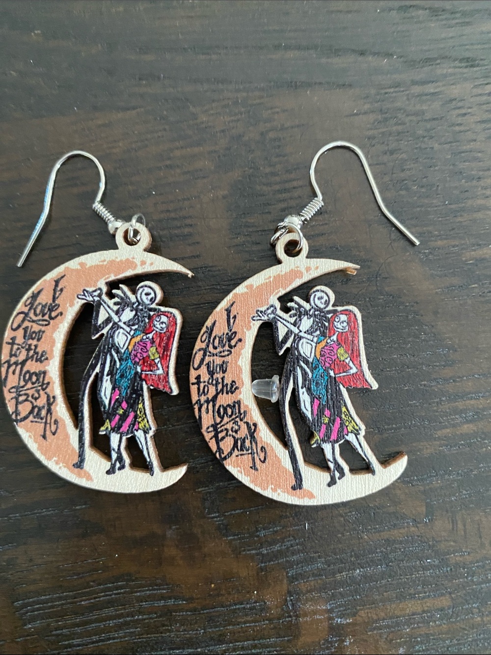 Handpainted Crescent Moon Jack and Sally Dangle Earrings
